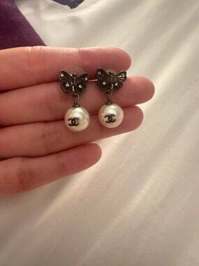 Chanel Butterfly Pearl Drop Earrings with CC Logo – Silver Tone, Rhinestone Acce